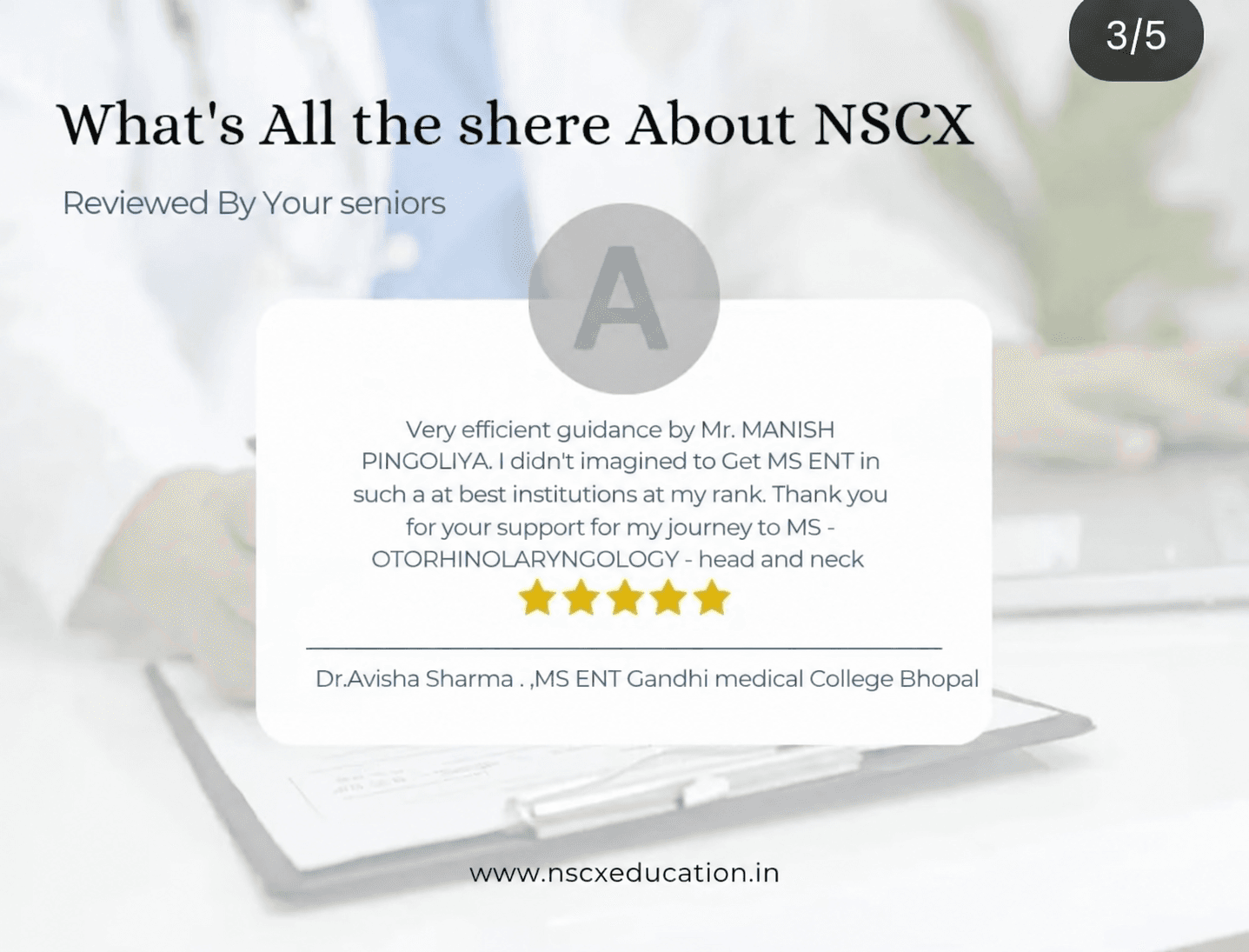 Dr. Avisha Sharma testimonial for NSCX Education