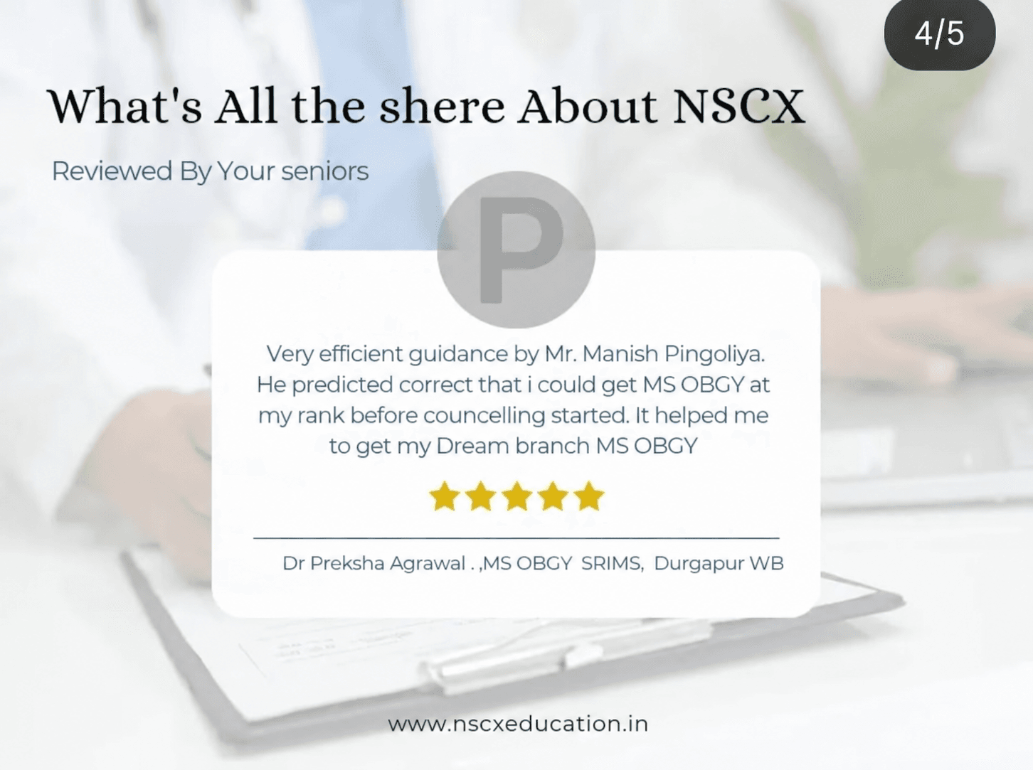 Dr. Preksha Agrawal testimonial for NSCX Education